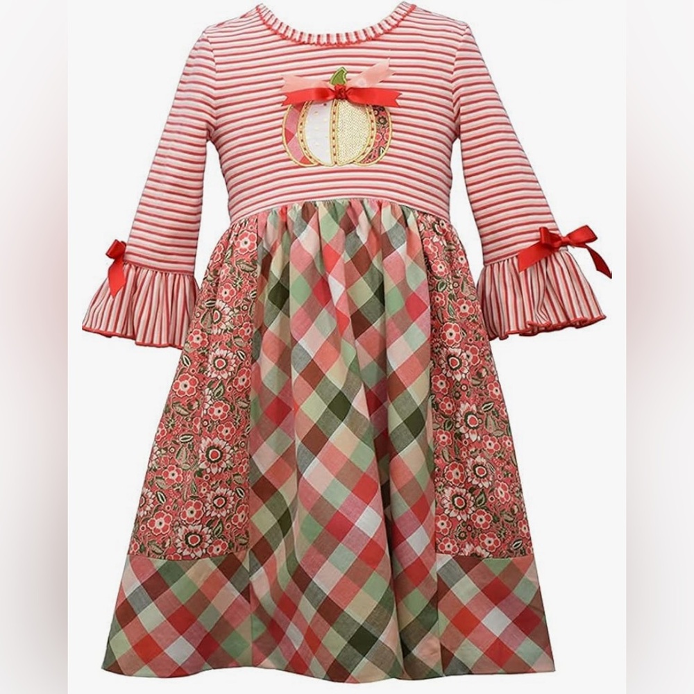 Bonnie Jean Girl's Thanksgiving Outfit - Pumpkin Mixed Panel Dress